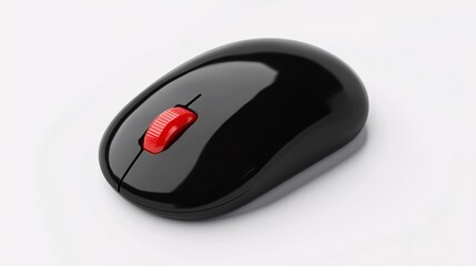 Black computer mouse with a red scroll wheel on white background, minimalistic design