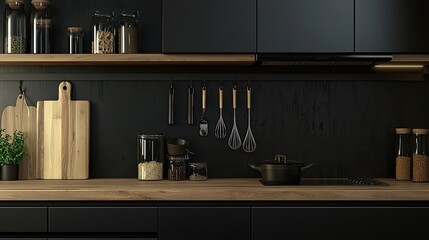 Kitchen interior with black walls, wooden countertops and wooden shelves with cooking utensils