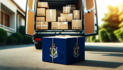 A delivery van loaded with packages, featuring a box wrapped in the Maine flag. Symbolizes shipping, logistics, and global commerce