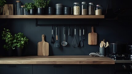 Kitchen interior with black walls, wooden countertops and wooden shelves with cooking utensils