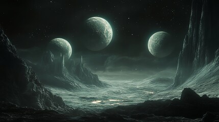 Wall Mural - A fantastical alien landscape with three glowing moons in the sky.