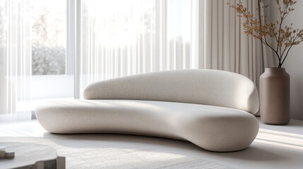 Poster - A modern, curved sofa in a bright, minimalist interior with soft textures and natural light.