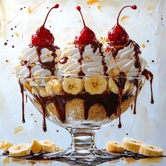 Canvas Print - A Tempting Treat A Banana Split with Whipped Cream, Cherries, and Chocolate Drizzle.