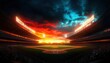 © Cherrin - Vibrant sunset over a baseball field, with stadium lights illuminating the scene. Fans enjoy the game as colors blend beautifully in the evening sky.