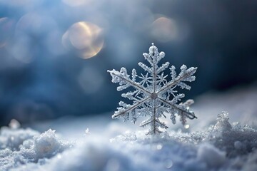 Macro shot of intricate snowflake crystal against grey winter sky minimalist