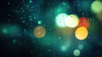 Poster - A close-up view of raindrops on glass, creating a dreamy bokeh effect with colorful lights.