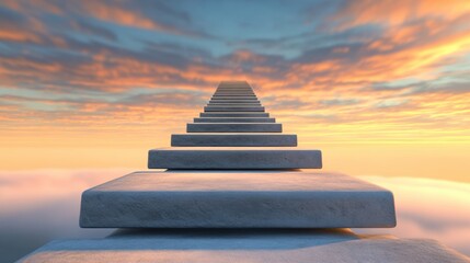 Stairway to the sky under a vibrant sunset, symbolizing hope and aspiration, AI