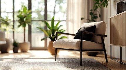 Poster - A cozy chair in a sunlit room surrounded by plants, creating a serene living space.