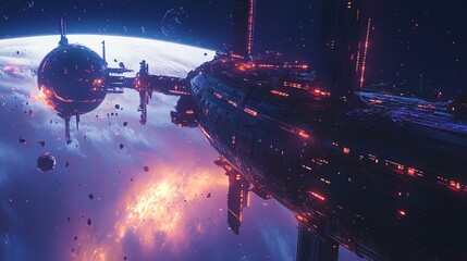 Wall Mural - a futuristic space station in orbit around a fiery planet.