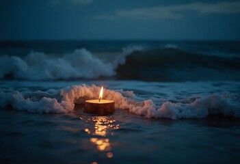 Poster - A glowing candle flickers amid turbulent waves, illuminating the dark ocean with a warm, serene light