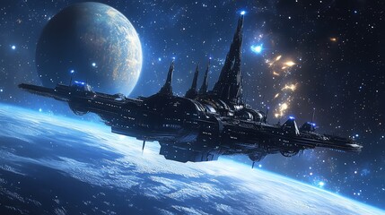 Wall Mural - a futuristic spaceship hovers above a planet, surrounded by stars.