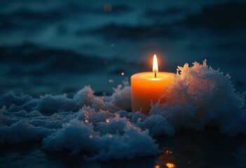 Poster - A glowing candle flickers amid turbulent waves, illuminating the dark ocean with a warm, serene light