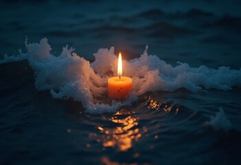 Poster - A glowing candle flickers amid turbulent waves, illuminating the dark ocean with a warm, serene light