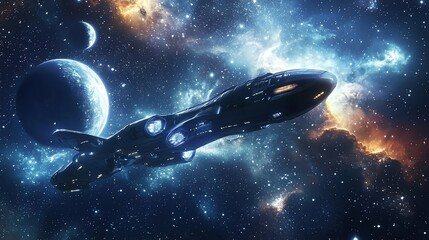 Wall Mural - a futuristic spaceship travels through a vast, starry expanse, with planets and nebulae in the backg