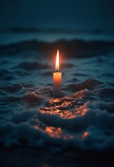 Poster - A glowing candle flickers amid turbulent waves, illuminating the dark ocean with a warm, serene light