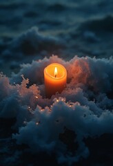 Poster - A glowing candle flickers amid turbulent waves, illuminating the dark ocean with a warm, serene light