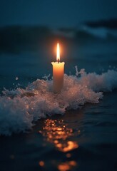 Poster - A glowing candle flickers amid turbulent waves, illuminating the dark ocean with a warm, serene light