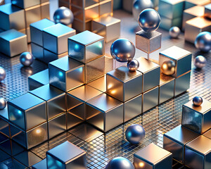 Poster - Metallic Cubes and Spheres Abstract: A mesmerizing 3D render of gleaming metallic cubes and spheres, arranged in a complex and visually striking pattern.