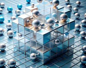 Poster - Abstract Geometry:  A mesmerizing 3D composition of chrome and silver spheres nestled among sleek, silver cubes, creating a captivating visual rhythm.
