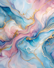 Poster - Abstract Swirls of Gold, Blue, and Pink: A mesmerizing abstract background image with flowing liquid marble swirls of blue, pink, and gold, creating a contemporary and elegant visual.