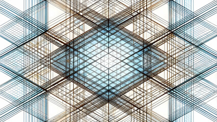 Poster - Abstract Geometric Network: Intricate design featuring intersecting lines in blue, brown and beige creating a mesmerizing geometric pattern. Perfect for backgrounds, website design.