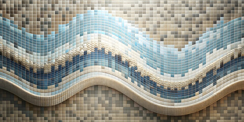 Poster - Abstract Wavy Mosaic: A captivating abstract background image, featuring a flowing wave-like pattern in a mesmerizing mosaic of beige, blue, and white tiles. The tiles create a mesmerizing.