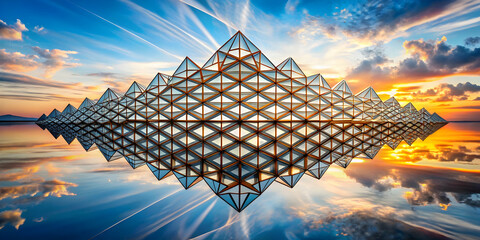 Poster - Glass Pyramids at Sunset: A surreal and ethereal landscape of glass pyramids reflecting in the calm water at sunset. The image evokes a sense of wonder and tranquility.