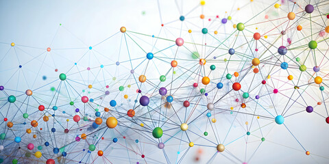 Poster - Vibrant Network Connection: Abstract colorful spheres interconnected by thin lines, symbolizing global communication, data flow, or social connections.  A captivating image for technology, networking.