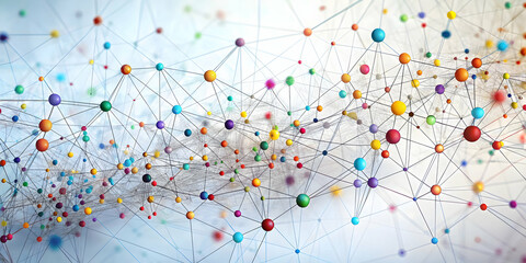 Poster - Interconnectedness: A vibrant tapestry of interconnectedness, symbolized by colorful spheres linked by delicate threads, forming a complex network on a soft, ethereal background.  
