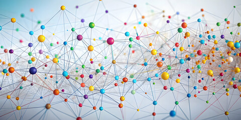 Poster - Global Network Connection: A vibrant abstract image depicting a complex network of interconnected colorful spheres, symbolizing global communication, collaboration.