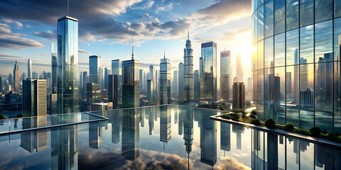 Poster - Cityscape Reflection: Modern Metropolis at Sunrise 