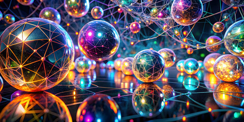 Poster - Vibrant Sphere Network:  A mesmerizing digital art piece showcasing a network of interconnected, iridescent spheres, radiating vibrant colors and light against a dark reflective surface.