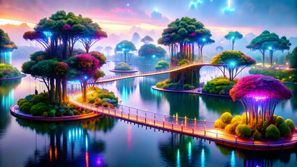 Sticker - Enchanted Isles: A vibrant, surreal landscape of glowing trees and interconnected islands, bathed in the ethereal light of a magical sunset.