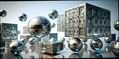 Poster - Metallic Cubes and Spheres Abstract 3D Render 