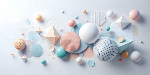 Poster - Abstract 3D Shapes: A mesmerizing collection of colorful spheres, pyramids, and circles in a dynamic, playful arrangement, creating a visually captivating abstract design.  