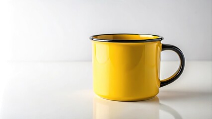 Macro shot of yellow mug with black rim on white background