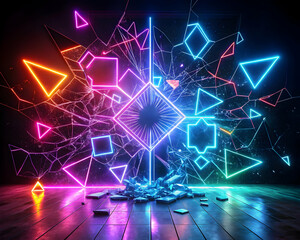 Neon Geometric Explosion: A vibrant and abstract explosion of neon light and shattered glass, creating a dynamic and artistic composition.  A mesmerizing interplay of colors and shapes.