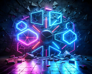 Poster - Neon Clockwork Ruin: Cyberpunk timepiece embedded in shattered concrete, vibrant neon lights illuminate the scene, creating a futuristic, dystopian atmosphere.  