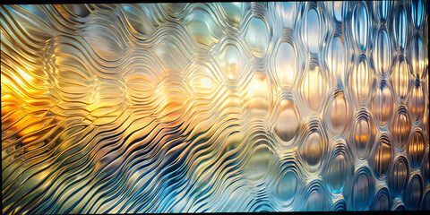 Poster - Abstract Wavy Glass: A captivating abstract image of a textured, wavy glass surface, shimmering with iridescent hues of blue, yellow, and gold.