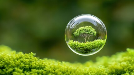 A tree encapsulated in a clear bubble floats above lush green moss, AI