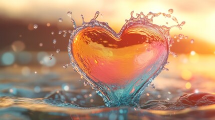 Poster - A heart-shaped splash of water against a colorful sunset backdrop.