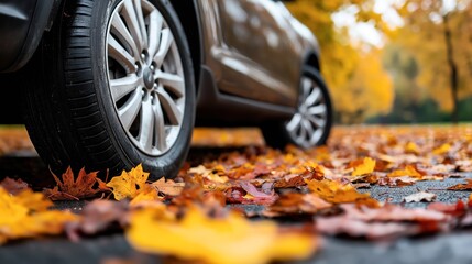 Wall Mural - Close-up of a car tire on asphalt road covered with colorful autumn leaves in a park setting