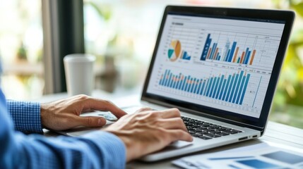 Poster - A person analyzing data on a laptop with graphs and charts displayed.