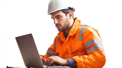 Action shot of an engineer working with a computer and notebook at a building site, isolated on a white background