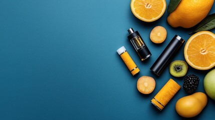 Poster - Flat lay of vape devices and colorful fruits including oranges, lemon, kiwi, mango, and blackberries on a blue background.