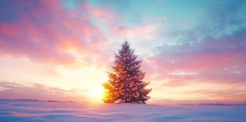 Wall Mural - Gold Christmas Tree with Snowfall in Snow. Modern 3D Winter. 2025, 2026, 2027 Golden Xmas or New Year Eve Flyer with Product Space.