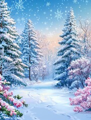 Poster - Blurred blue background with text and snow-covered winter pine tree