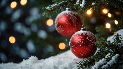 Two red christmas baubles hanging from a snowy branch with lights