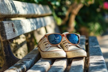 Shoes And Sunglasses. Beach Bench with Leisure and Vacation Accessories