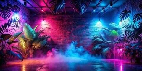 Sticker - Neon Glow Illuminates Tropical Foliage Against a Brick Wall